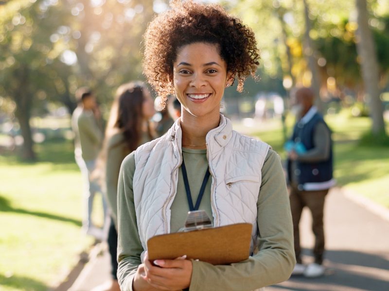 Happy woman, portrait and volunteer with clipboard for change, eco friendly environment or help in Happy woman, portrait and volunteer with clipboard for change, eco friendly environment or help in